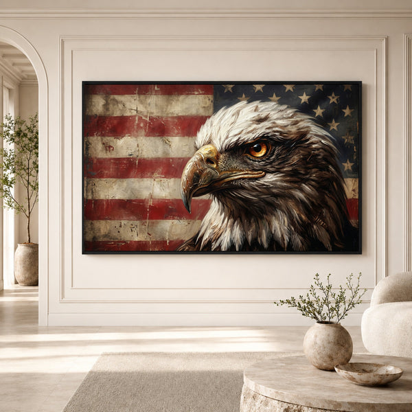 Regal Bald Eagle American Flag Oil Painting Style Canvas Print Wall Art, Rustic Decor - Mockup Display 3