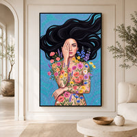 Enchanting Floral Woman Illustration Canvas Print Wall Art, Serene Beauty - Mockup Display 3