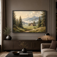 Misty Mountain Valley Cabin Oil Painting Style Canvas Print Wall Art Scenic Decor - Mockup Display 3