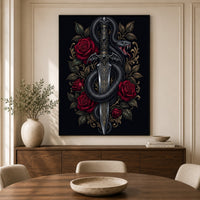 Intricate Dark Fantasy Snake & Dagger Roses Canvas Print Wall Art, Ornate Elegance - Mockup Display 3