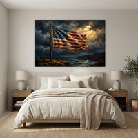 American Flag Coastal Canvas Wall Art, Dramatic Patriotic Seascape Print, Rustic Living Room Decor