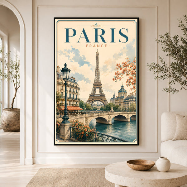 Paris France Vintage Poster Style Canvas Print Wall Art, Iconic Cityscape Decor - Mockup Display 2