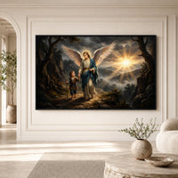 Divine Guardian Angel & Child Oil Painting Style Canvas Print Wall Art, Serene Landscape - Mockup Display 3