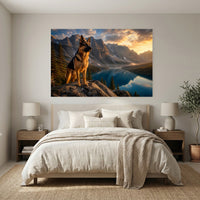 German Shepherd Dog Mountain Lake Sunset Oil Painting Style Canvas Print Wall Art, Majestic - Mockup Display 3