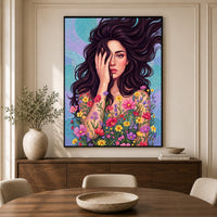 Dynamic Woman Floral Portrait Oil Painting Style Canvas Print Wall Art, Elegant - Mockup Display 3