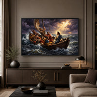 Biblical Jesus Calming Storm Oil Painting Style Canvas Print Wall Art, Religious - Mockup Display 3