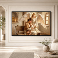 Religious Mother Child and Guardian Angel Oil Painting Style Canvas Print Wall Art - Mockup Display 3