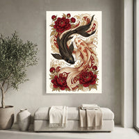 Yin Yang Koi Fish Peony Japanese Art Style Canvas Print Wall Art, Elegant Decor - Mockup Display 4