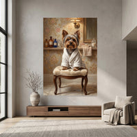 Yorkshire Terrier in Robe Oil Painting Style Canvas Print Wall Art, Elegant Bathroom Decor - Mockup Display 4