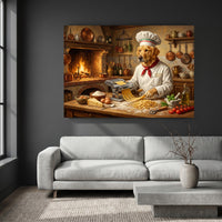 Golden Retriever Chef Making Pasta Oil Painting Style Canvas Print Wall Art, Italian Kitchen Decor - Mockup Display 4