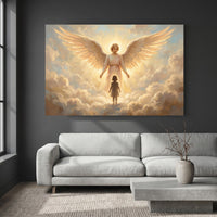 Serene Angel and Child Oil Painting Style Canvas Print Wall Art, Inspiring Divine Glow - Mockup Display 4