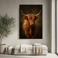 Majestic Highland Cow Portrait Oil Painting Style Canvas Print Wall Art, Rustic Farmhouse Decor - Mockup Display 4