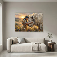 Native American Woman White Buffalo Oil Painting Style Canvas Print Wall Art Serene - Mockup Display 4