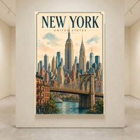 New York City Vintage Illustration Skyline Brooklyn Bridge Canvas Print Wall Art, Iconic - Mockup Display 4