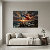 Patriotic American Flag Coastal Sunset Oil Painting Style Canvas Print Wall Art Decor - Mockup Display 4