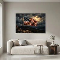 American Flag Mountain Canvas Wall Art, Dramatic Patriotic Landscape Print, Rustic Living Room Decor