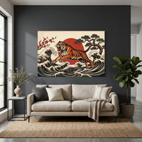 Dynamic Japanese Ukiyo-e Tiger Waves & Sun Canvas Print Wall Art, Zen Decor - Mockup Display 4