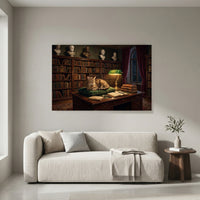 Tabby Cat in Scholarly Library Oil Painting Style Canvas Print Wall Art, Elegant Decor - Mockup Display 4