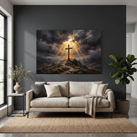 Dramatic Cross on Hill Oil Painting Style Canvas Print Wall Art, Spiritual Light - Mockup Display 4