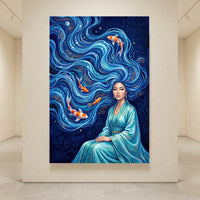 Elegant Woman with Flowing Water Hair Koi Fish Artistic Canvas Print Wall Art - Mockup Display 4