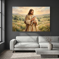 Jesus Christ Good Shepherd Oil Painting Style Canvas Print Wall Art, Spiritual Decor - Mockup Display 4