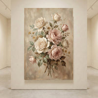 Romantic Blush & Cream Roses Oil Painting Style Canvas Print Wall Art, Elegant Home Decor - Mockup Display 4
