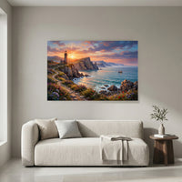 Vibrant Coastal Sunset Lighthouse Oil Painting Style Canvas Print Wall Art, Serene - Mockup Display 4