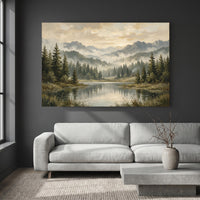 Misty Mountain Lake Landscape Oil Painting Style Canvas Print Wall Art, Rustic Decor - Mockup Display 4