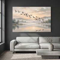 Serene Cranes Flying Oil Painting Style Canvas Print Wall Art for Tranquil Decor - Mockup Display 4