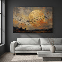 Flock of Birds Full Moon Landscape Oil Painting Style Canvas Print Wall Art for Home - Mockup Display 4