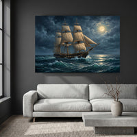 Dramatic Tall Ship Stormy Sea Moonlight Oil Painting Style Canvas Print Wall Art - Mockup Display 4