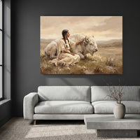 Native American Woman & White Buffalo Oil Painting Style Canvas Print Wall Art, Serene Landscape - Mockup Display 4
