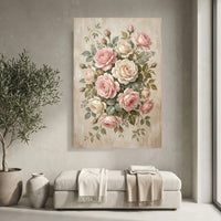 Romantic Pink Cream Roses Floral Oil Painting Style Canvas Print Wall Art Elegant Decor - Mockup Display 4