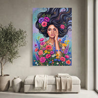 Vibrant Boho Woman & Flowers Canvas Print Wall Art, Expressive Modern Decor - Mockup Display 4
