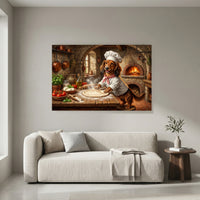 Dachshund Chef Making Pizza Oil Painting Style Canvas Print Wall Art for Kitchen - Mockup Display 4