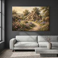 Charming English Cottage Garden Oil Painting Style Canvas Print Wall Art, Rustic Charm - Mockup Display 4