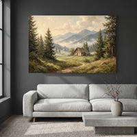 Misty Mountain Valley Cabin Oil Painting Style Canvas Print Wall Art Scenic Decor - Mockup Display 4