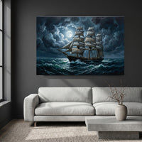 Dramatic Tall Ship Moonlit Sea Oil Painting Style Canvas Print Wall Art - Mockup Display 4