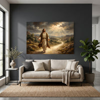 Jesus Walking Path Oil Painting Style Canvas Print Wall Art, Divine Light - Mockup Display 4