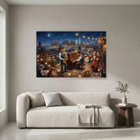 Rooftop Jazz Dogs NYC Skyline Oil Painting Style Canvas Print Wall Art for Urban Decor - Mockup Display 4