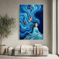 Mythical Woman Koi Fish Oil Painting Style Canvas Print Wall Art, Zen Decor - Mockup Display 4