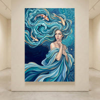 Mystical Water Woman with Koi Fish Oil Painting Style Canvas Print Wall Art Serene - Mockup Display 4