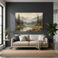 Serene Forest Lake Landscape Oil Painting Style Canvas Print Wall Art, Tranquil View - Mockup Display 4