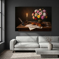 Musical Still Life Flowers & Violin Oil Painting Style Canvas Print Wall Art - Elegant - Mockup Display 4