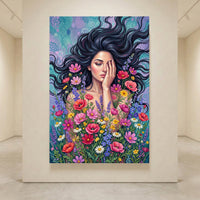 Woman in Wildflowers Oil Painting Style Canvas Print Wall Art with Vibrant Hues - Mockup Display 4