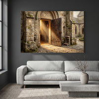 Ancient Church Entrance Sunlit Path Oil Painting Style Canvas Print Wall Art - Mockup Display 4