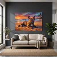French Bulldog Sunset Beach Oil Painting Style Canvas Print Wall Art, Vibrant - Mockup Display 4
