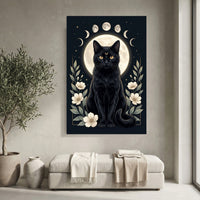 Mystical Black Cat Moon Phases Celestial Canvas Print Wall Art, Elegant Home Decor - Mockup Display 4