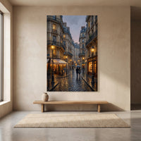 Paris Street Stretched Canvas Wall Art, Rainy City Print, Elegant Urban Decor