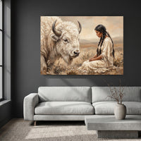 Native American Woman & White Bison Oil Painting Style Canvas Print Wall Art, Majestic - Mockup Display 4